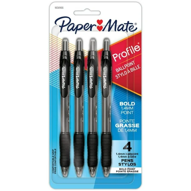 Paper Mate Ballpoint Pens, Bold Point (1.4 mm), Black, 4 Count