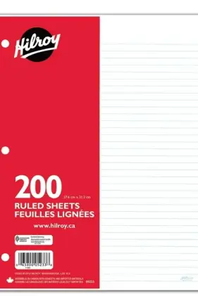 Hilroy® Refill Paper Ruled, 200 Sheets, Three hole