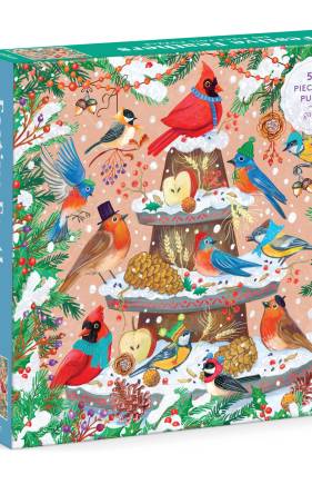 Galison Festive Feathers – 500 Piece Foil Jigsaw Puzzle Featuring Charming Artwork of Wintery Birds Perched On A Christmas Log